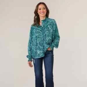 Democracy Long Sleeve Button Down High Neck Top Size L‎ Green Paisley Design